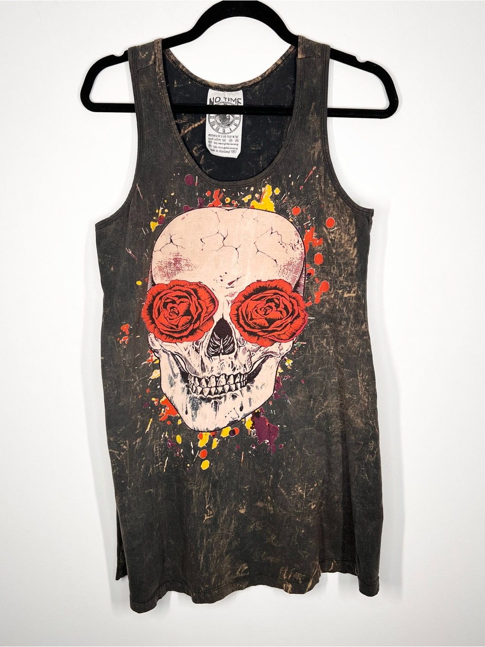 No Time 100% Cotton Skull With Roses Bleach Wash Artsy Mini Dress Tank Top M